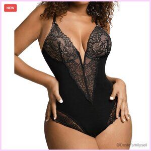 Lace Shapewear Bodysuit Tummy Control V Neck Sleeveless Adjustable Straps